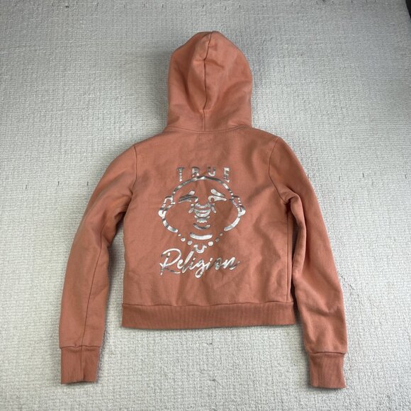 True religion Womens Sz XS Foil Silver Logo Buddha Full Zip Hoodie Pink - Picture 16 of 16